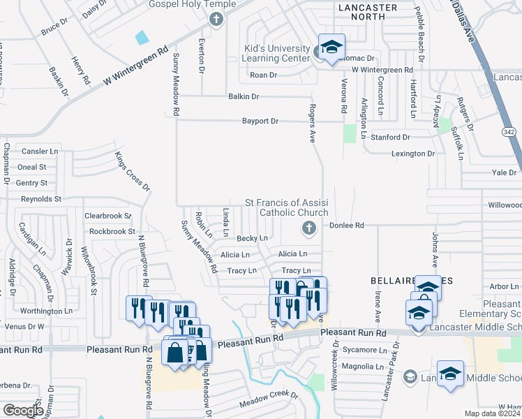 map of restaurants, bars, coffee shops, grocery stores, and more near 1538 Prescott Drive in Lancaster