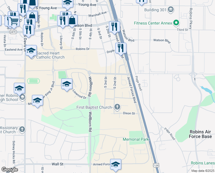 map of restaurants, bars, coffee shops, grocery stores, and more near 514 South 3rd Street in Warner Robins