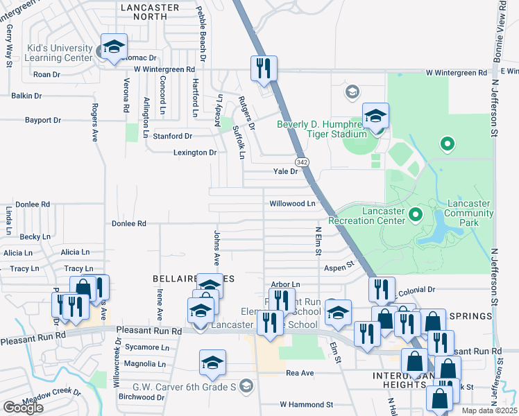 map of restaurants, bars, coffee shops, grocery stores, and more near 702 Willowood Lane in Lancaster