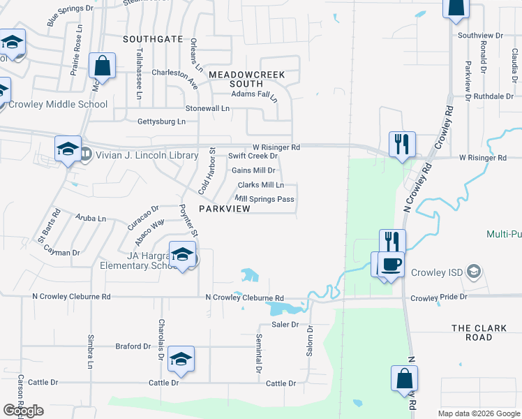 map of restaurants, bars, coffee shops, grocery stores, and more near 2608 Grand Gulf Road in Fort Worth