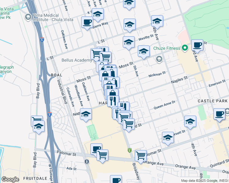 map of restaurants, bars, coffee shops, grocery stores, and more near 566 Naples Street in Chula Vista