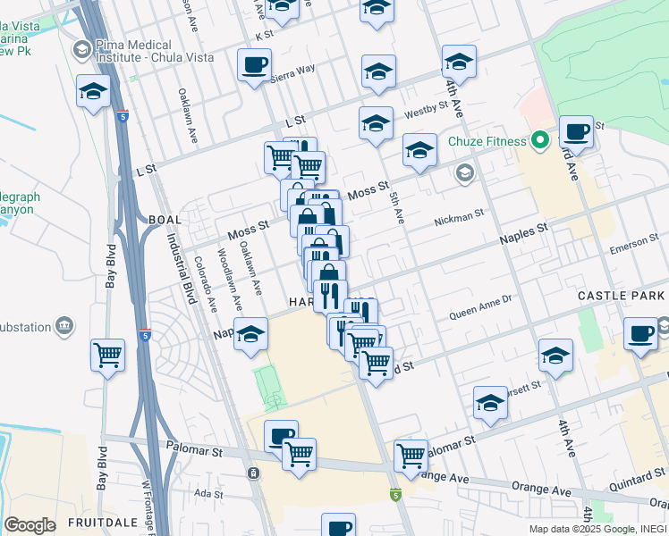 map of restaurants, bars, coffee shops, grocery stores, and more near 566 Naples Street in Chula Vista