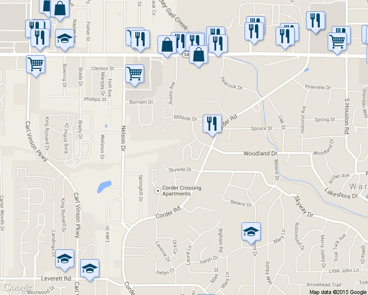map of restaurants, bars, coffee shops, grocery stores, and more near 128 Mill Chase Way in Warner Robins