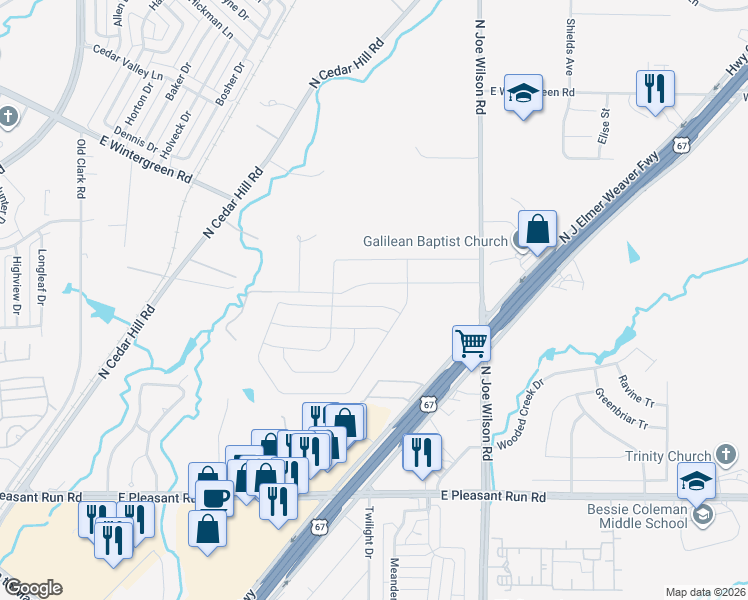 map of restaurants, bars, coffee shops, grocery stores, and more near 810 Hillside Drive in Cedar Hill
