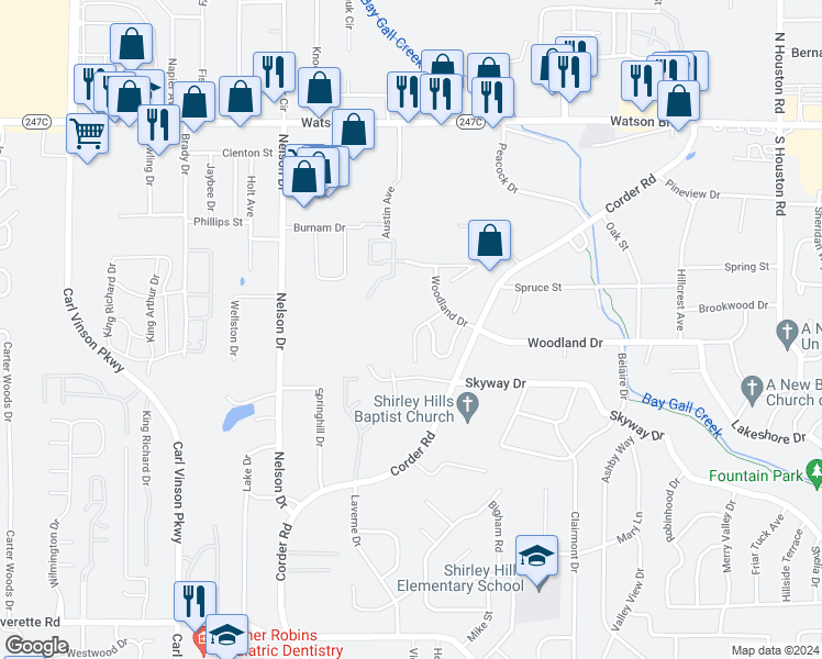 map of restaurants, bars, coffee shops, grocery stores, and more near 121 Mill Chase Way in Warner Robins