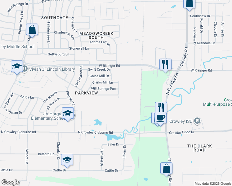 map of restaurants, bars, coffee shops, grocery stores, and more near 2504 Grand Gulf Road in Fort Worth