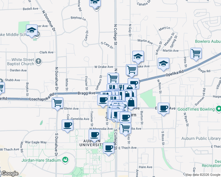 map of restaurants, bars, coffee shops, grocery stores, and more near 339 North College Street in Auburn