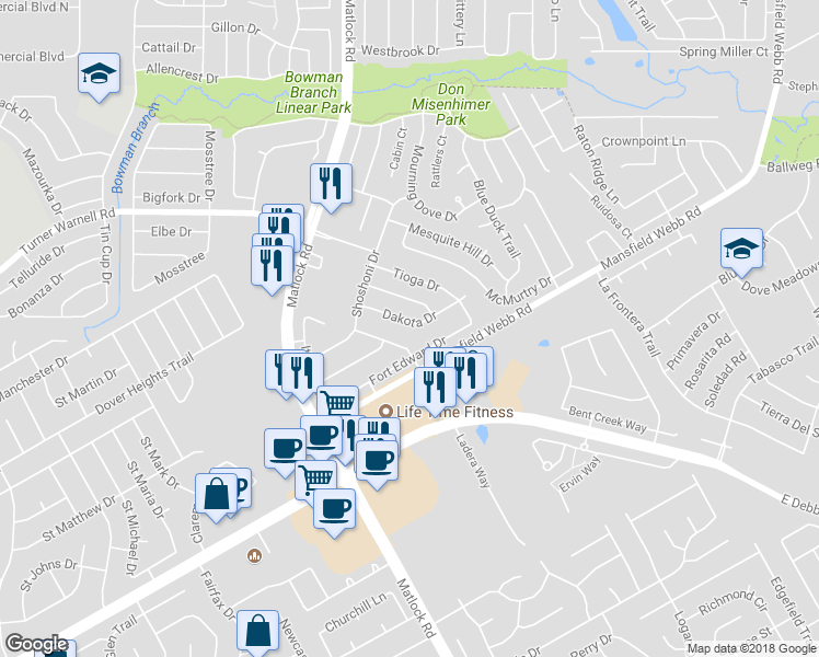 map of restaurants, bars, coffee shops, grocery stores, and more near 328 Dakota Drive in Arlington