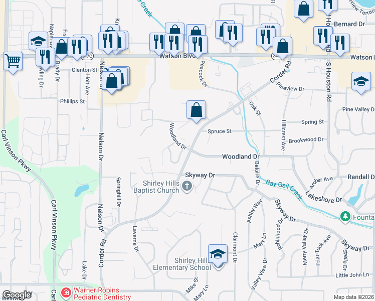 map of restaurants, bars, coffee shops, grocery stores, and more near 100 Wrights Mill Circle in Warner Robins