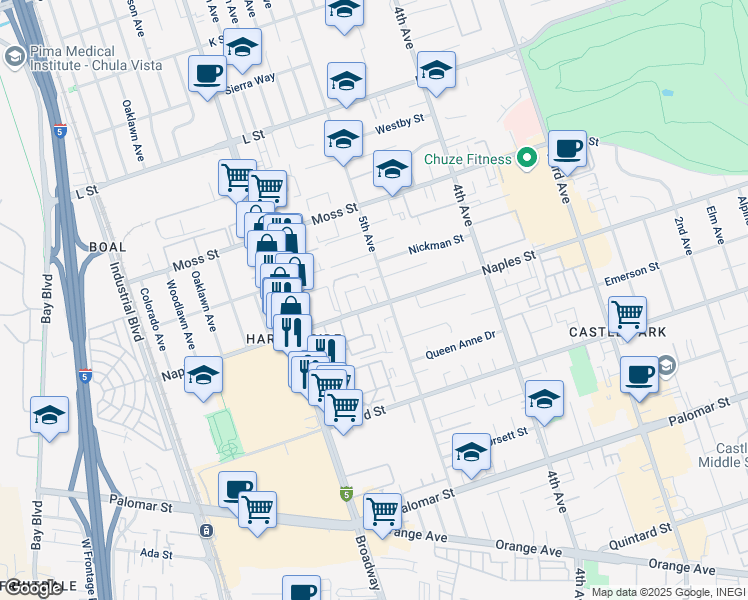 map of restaurants, bars, coffee shops, grocery stores, and more near 512 Naples Street in Chula Vista