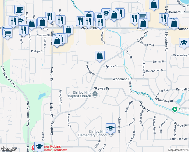 map of restaurants, bars, coffee shops, grocery stores, and more near 100 Wrights Mill Circle in Warner Robins