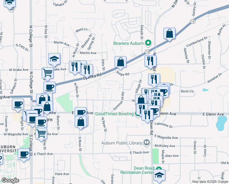 map of restaurants, bars, coffee shops, grocery stores, and more near 316 Gidden Street in Auburn