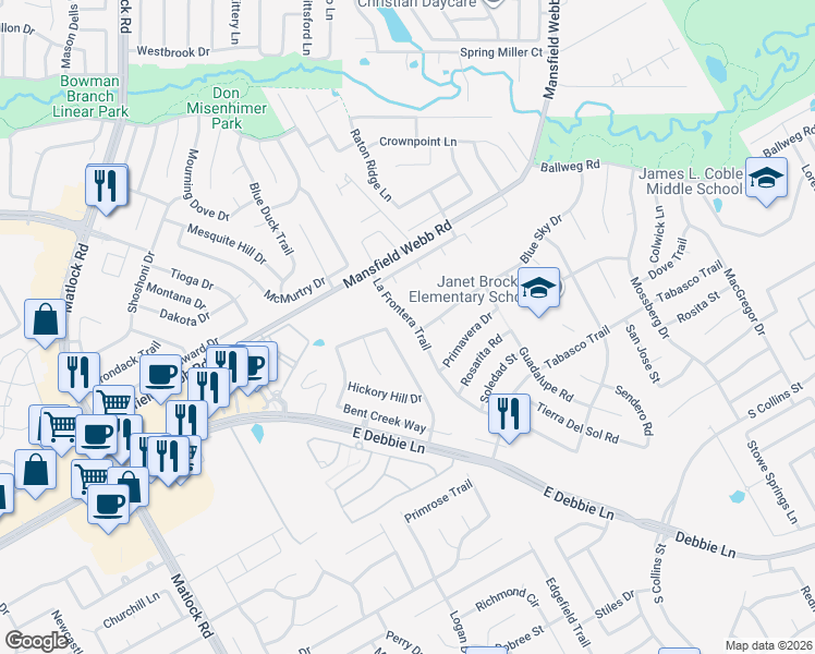 map of restaurants, bars, coffee shops, grocery stores, and more near 8114 La Frontera Trail in Arlington