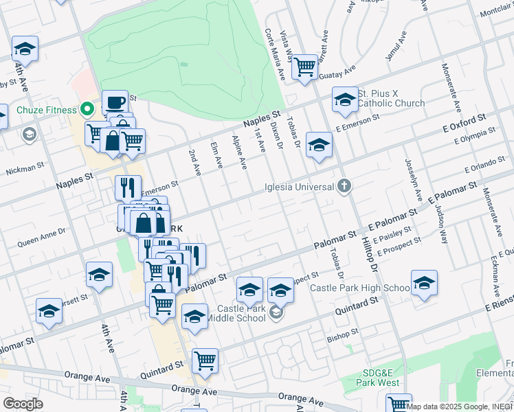 map of restaurants, bars, coffee shops, grocery stores, and more near 1215 Elm Avenue in Chula Vista