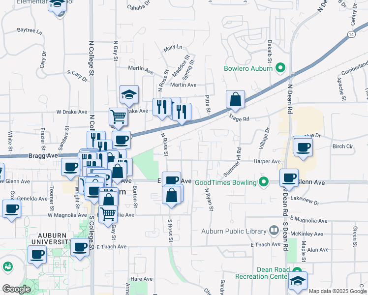 map of restaurants, bars, coffee shops, grocery stores, and more near 427 Harper Avenue in Auburn