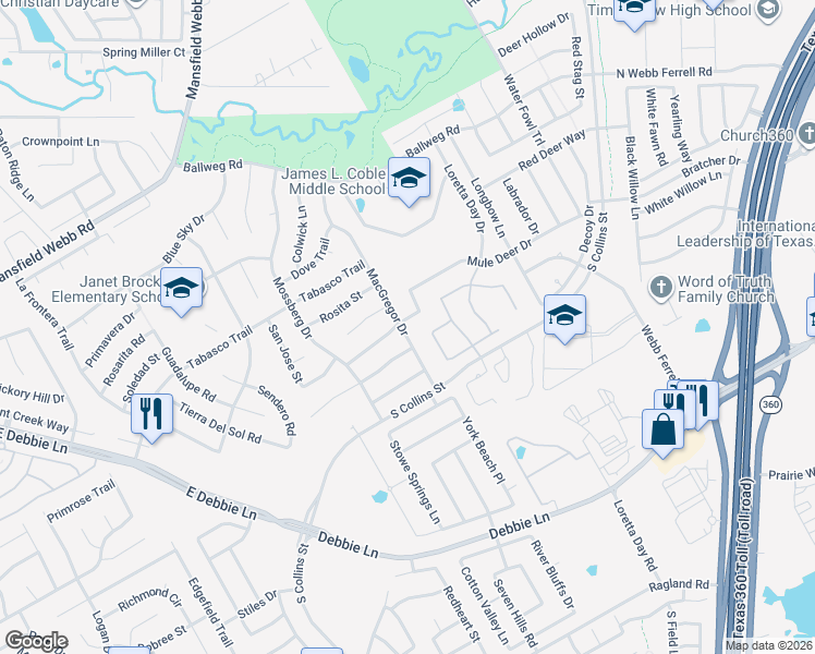 map of restaurants, bars, coffee shops, grocery stores, and more near 8233 Macgregor Drive in Arlington