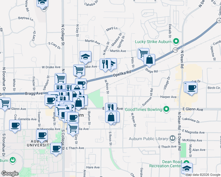 map of restaurants, bars, coffee shops, grocery stores, and more near 428 Harper Avenue in Auburn