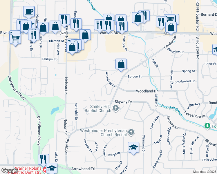 map of restaurants, bars, coffee shops, grocery stores, and more near 149 Wrights Mill Circle in Warner Robins