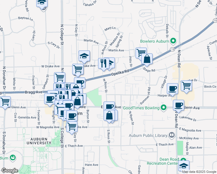 map of restaurants, bars, coffee shops, grocery stores, and more near 324 North Ross Street in Auburn