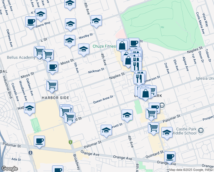 map of restaurants, bars, coffee shops, grocery stores, and more near 418 Weisser Way in Chula Vista