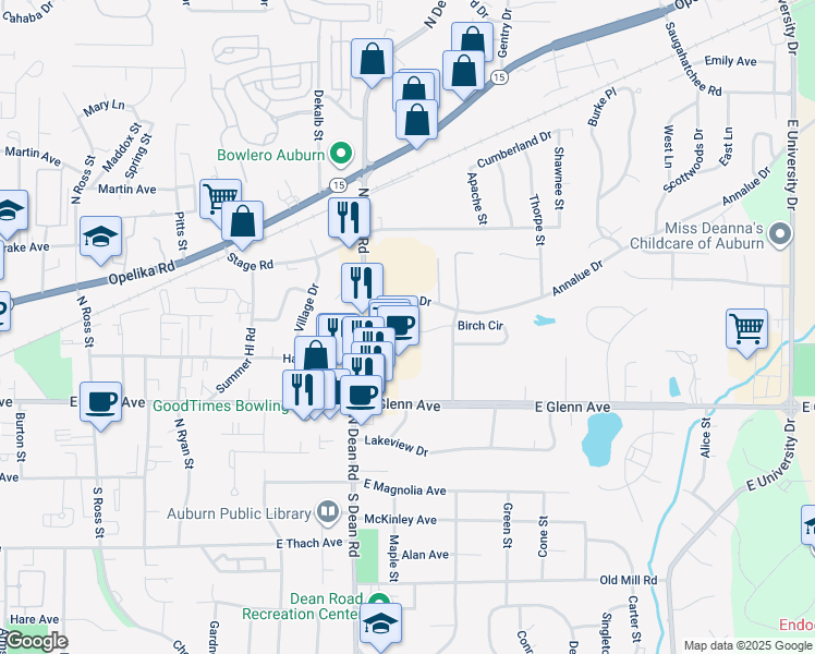 map of restaurants, bars, coffee shops, grocery stores, and more near 959 Birch Court in Auburn