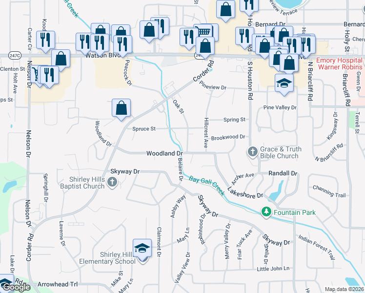 map of restaurants, bars, coffee shops, grocery stores, and more near 308 Oak Street in Warner Robins