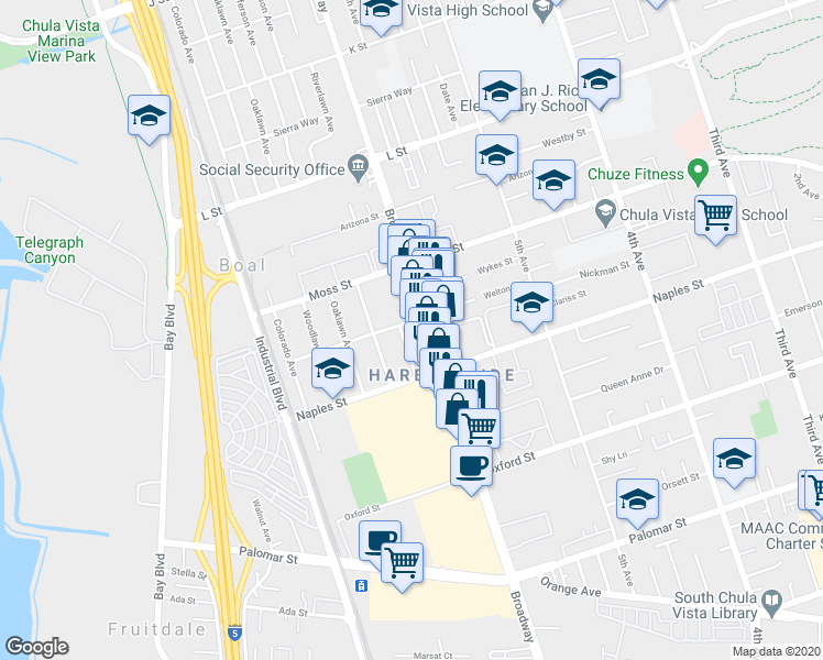 map of restaurants, bars, coffee shops, grocery stores, and more near 1055 Madison Avenue in Chula Vista