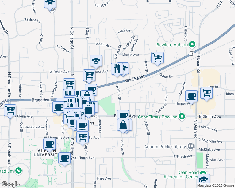 map of restaurants, bars, coffee shops, grocery stores, and more near 327 North Ross Street in Auburn