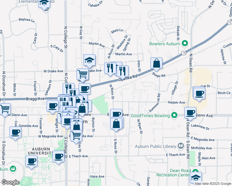 map of restaurants, bars, coffee shops, grocery stores, and more near 428 Harper Avenue in Auburn