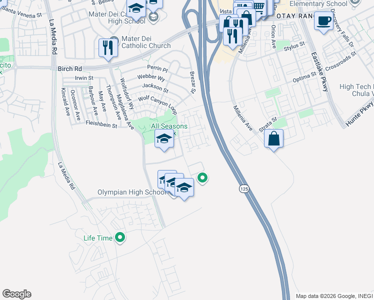 map of restaurants, bars, coffee shops, grocery stores, and more near 1828 Peabody Way in Chula Vista