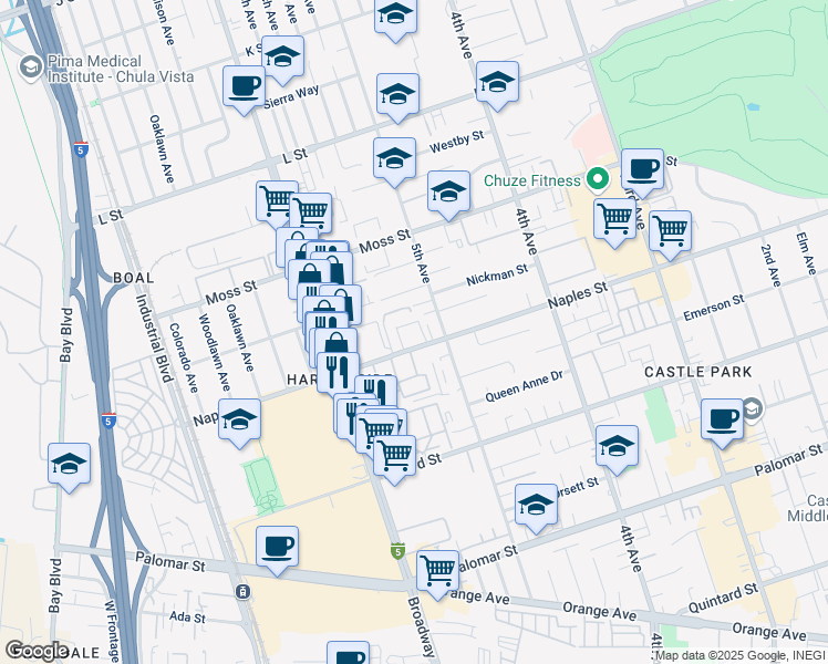 map of restaurants, bars, coffee shops, grocery stores, and more near 512 Naples Street in Chula Vista