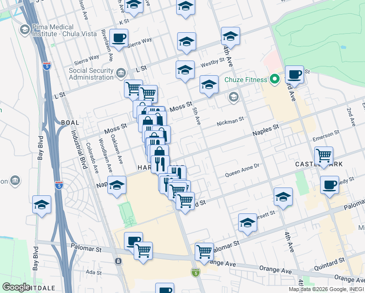 map of restaurants, bars, coffee shops, grocery stores, and more near 1065 Granjas Road in Chula Vista