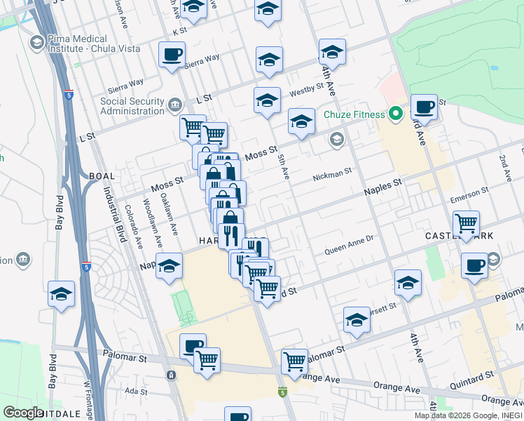 map of restaurants, bars, coffee shops, grocery stores, and more near 1065 Granjas Road in Chula Vista