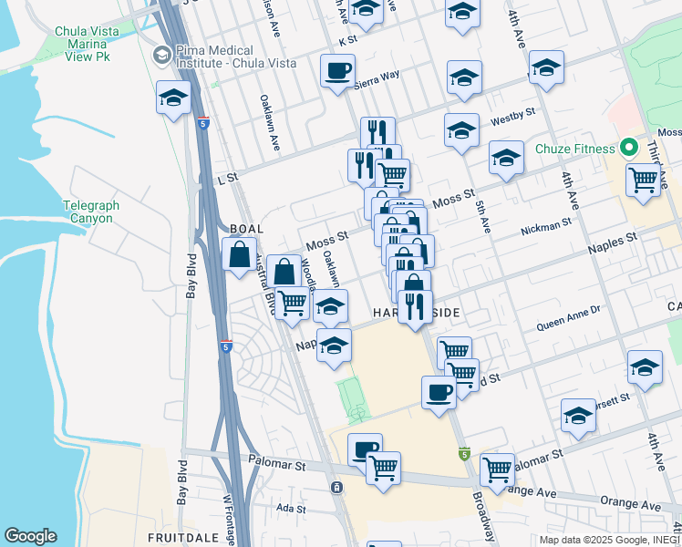 map of restaurants, bars, coffee shops, grocery stores, and more near 1042 Oaklawn Avenue in Chula Vista