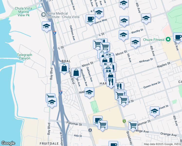 map of restaurants, bars, coffee shops, grocery stores, and more near 1042 Oaklawn Avenue in Chula Vista