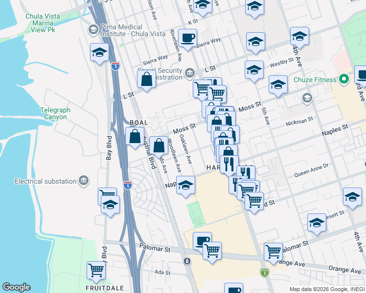 map of restaurants, bars, coffee shops, grocery stores, and more near 1042 Oaklawn Avenue in Chula Vista