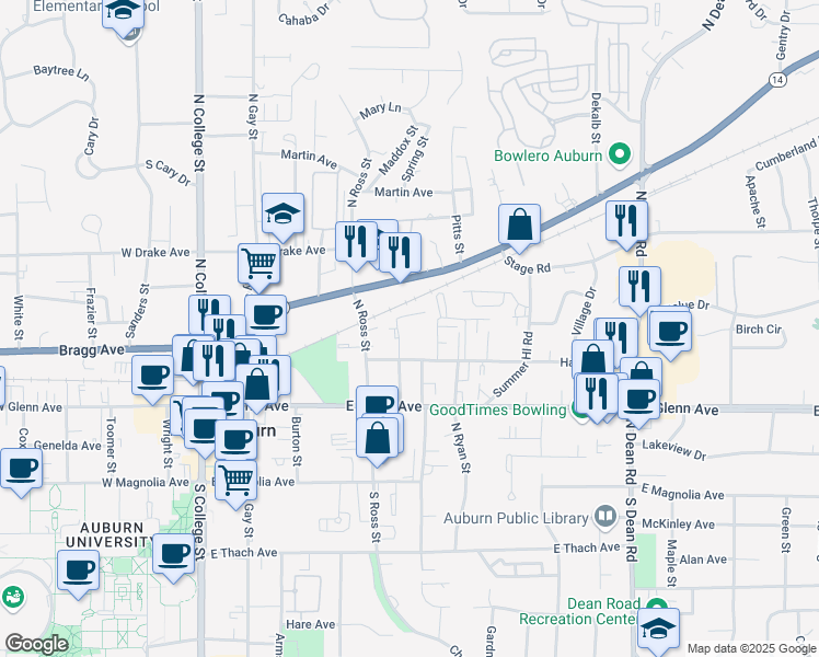 map of restaurants, bars, coffee shops, grocery stores, and more near 427 Harper Avenue in Auburn