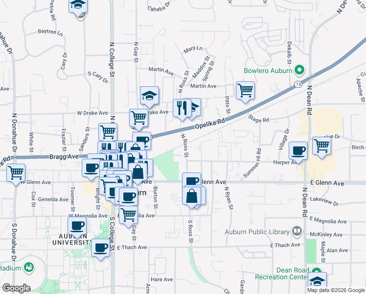 map of restaurants, bars, coffee shops, grocery stores, and more near 327 North Ross Street in Auburn