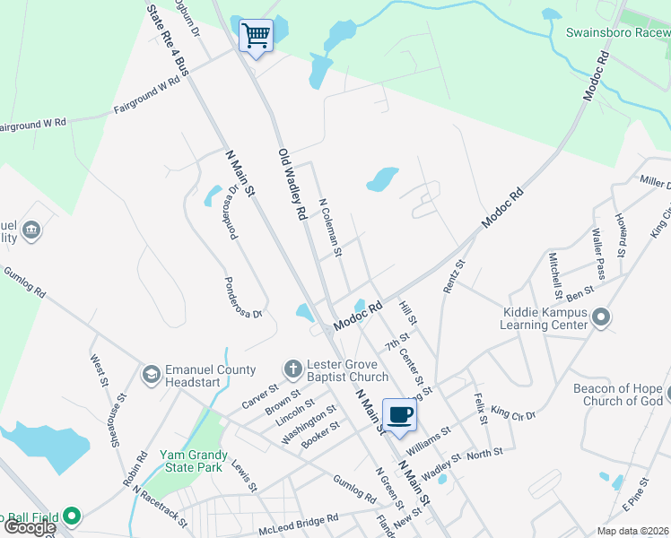 map of restaurants, bars, coffee shops, grocery stores, and more near 202 Grady Street in Swainsboro