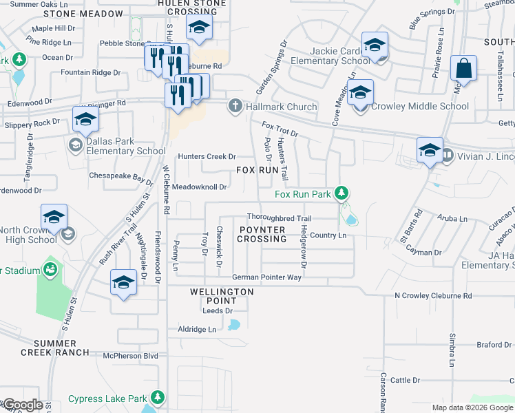 map of restaurants, bars, coffee shops, grocery stores, and more near 4037 Golden Horn Lane in Fort Worth