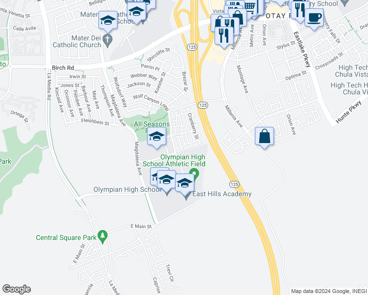 map of restaurants, bars, coffee shops, grocery stores, and more near 1837 Olive Green Street in Chula Vista