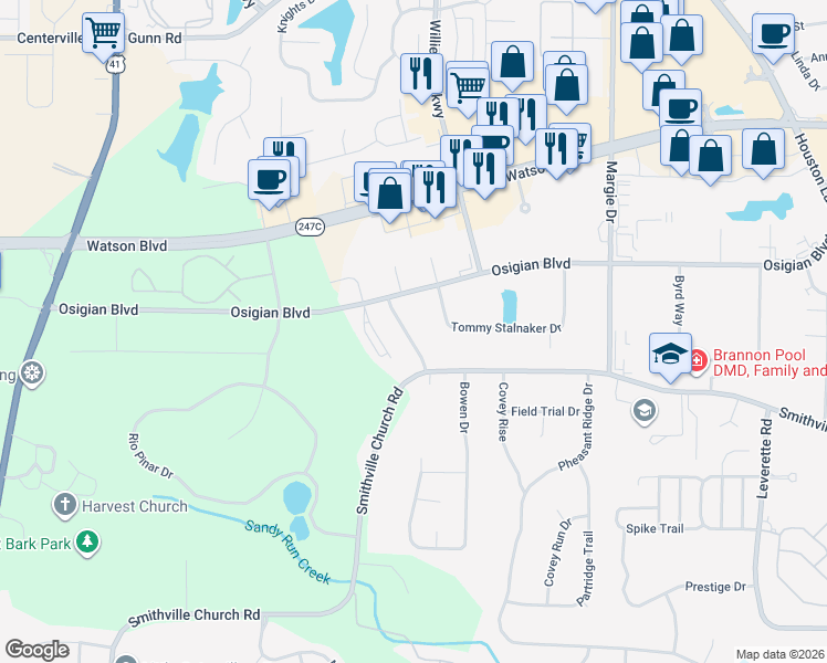 map of restaurants, bars, coffee shops, grocery stores, and more near 126 Tommy Stalnaker Drive in Warner Robins