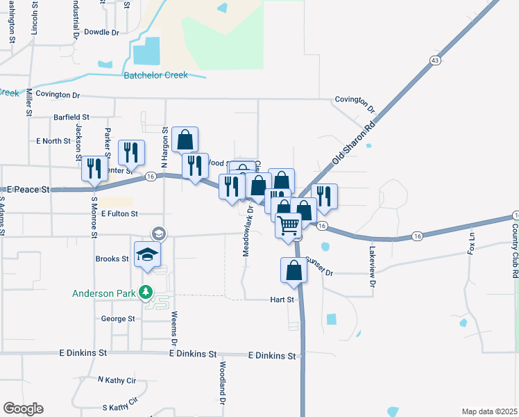 map of restaurants, bars, coffee shops, grocery stores, and more near 1104 East Peace Street in Canton