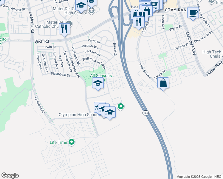 map of restaurants, bars, coffee shops, grocery stores, and more near 1828 Peabody Way in Chula Vista