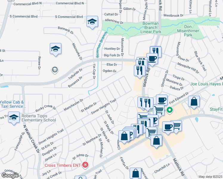 map of restaurants, bars, coffee shops, grocery stores, and more near 3013 Saint Frances Drive in Mansfield