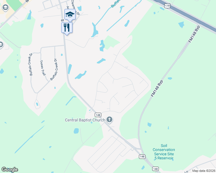 map of restaurants, bars, coffee shops, grocery stores, and more near 314 Creekview Circle in Crandall