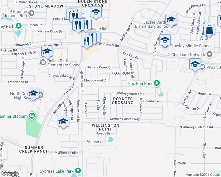 map of restaurants, bars, coffee shops, grocery stores, and more near 4113 Golden Horn Lane in Fort Worth