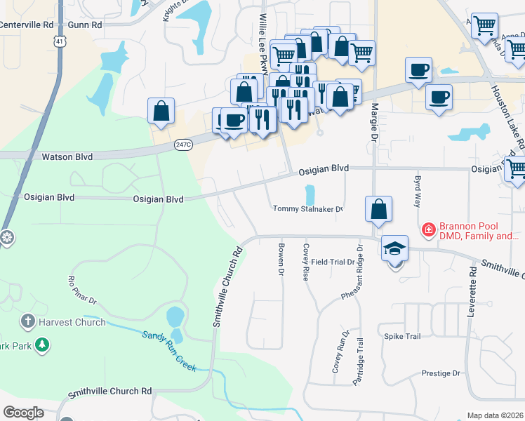 map of restaurants, bars, coffee shops, grocery stores, and more near 126 Tommy Stalnaker Drive in Warner Robins