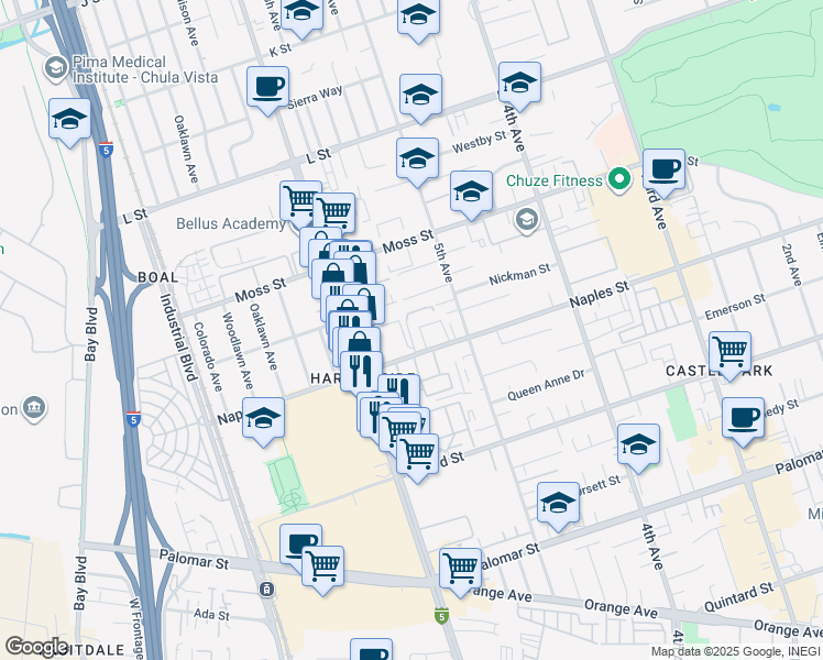 map of restaurants, bars, coffee shops, grocery stores, and more near 1065 Granjas Road in Chula Vista