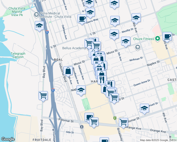 map of restaurants, bars, coffee shops, grocery stores, and more near 628 Crested Butte Street in Chula Vista